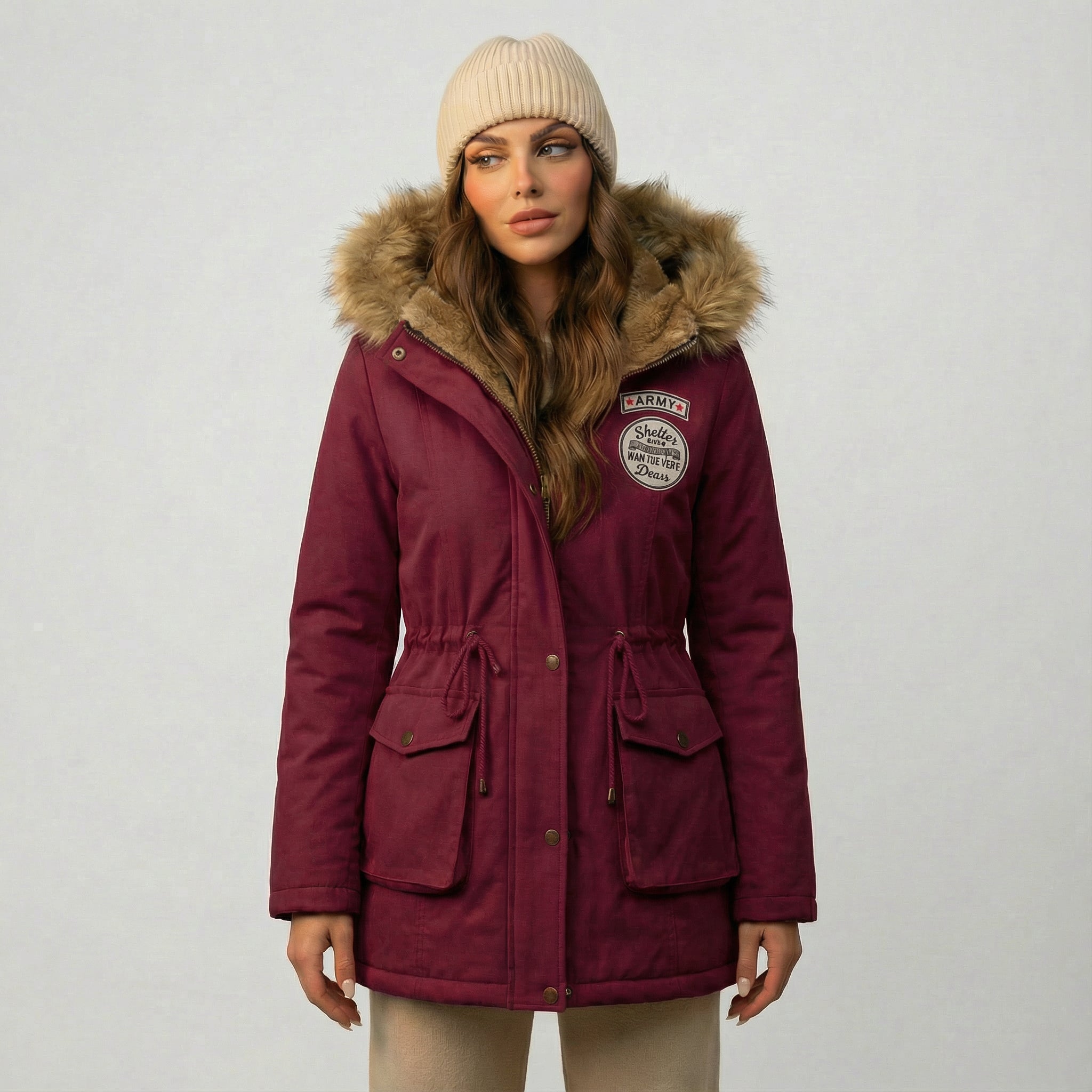 Női kapucnis polárkabát szőrmegallérral