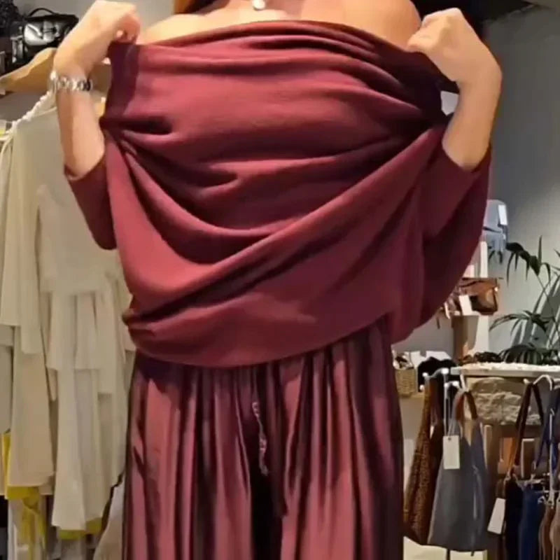 Elegáns, váll nélküli felső és bő szárú szatén nadrág, kétrészes szett