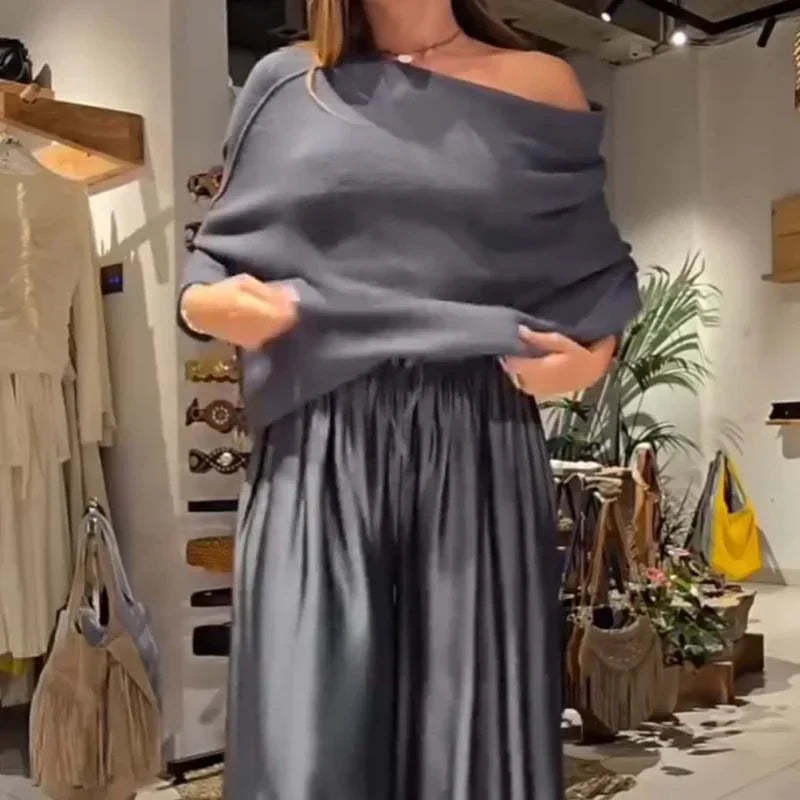 Elegáns, váll nélküli felső és bő szárú szatén nadrág, kétrészes szett