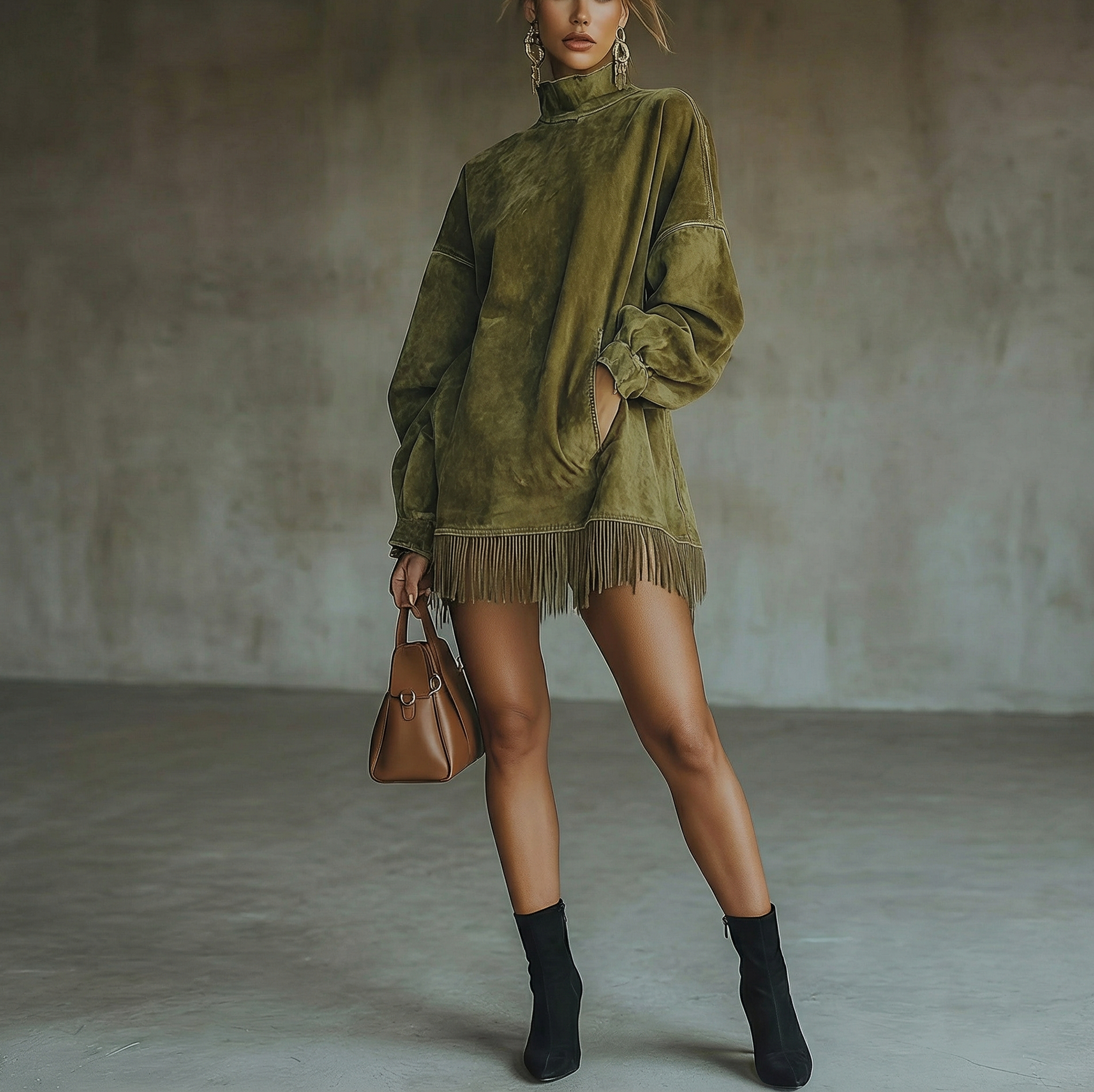 Magas nyakú, rojtos velúr ruha