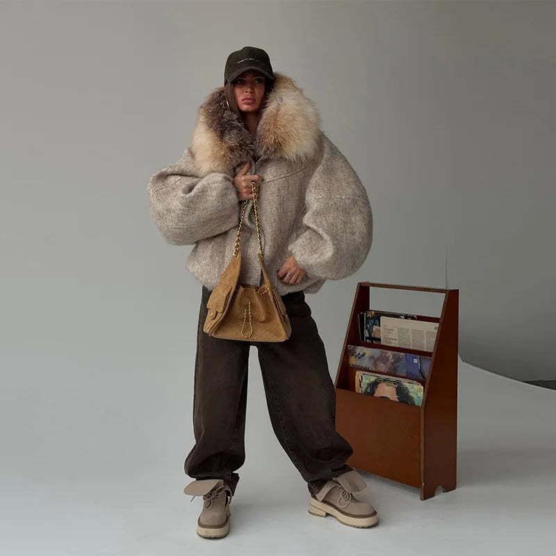Luxus műszőrme kapucnis gyapjúkeverék kabát – túlméretezett téli dzseki
