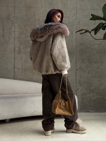 Luxus műszőrme kapucnis gyapjúkeverék kabát – túlméretezett téli dzseki