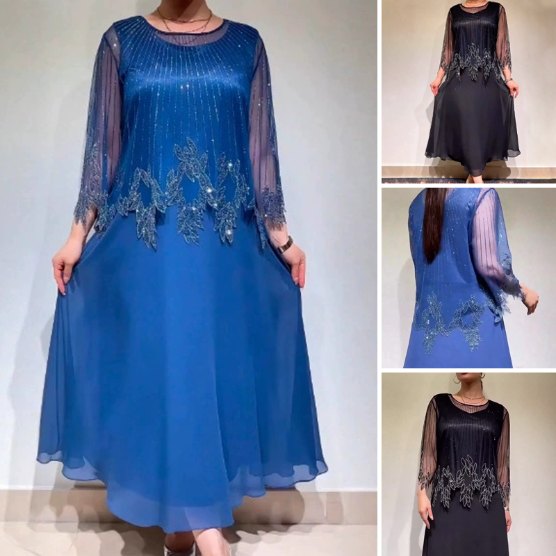 Női hálós ujjú, flitteres, hímzett, sifon maxi ruha