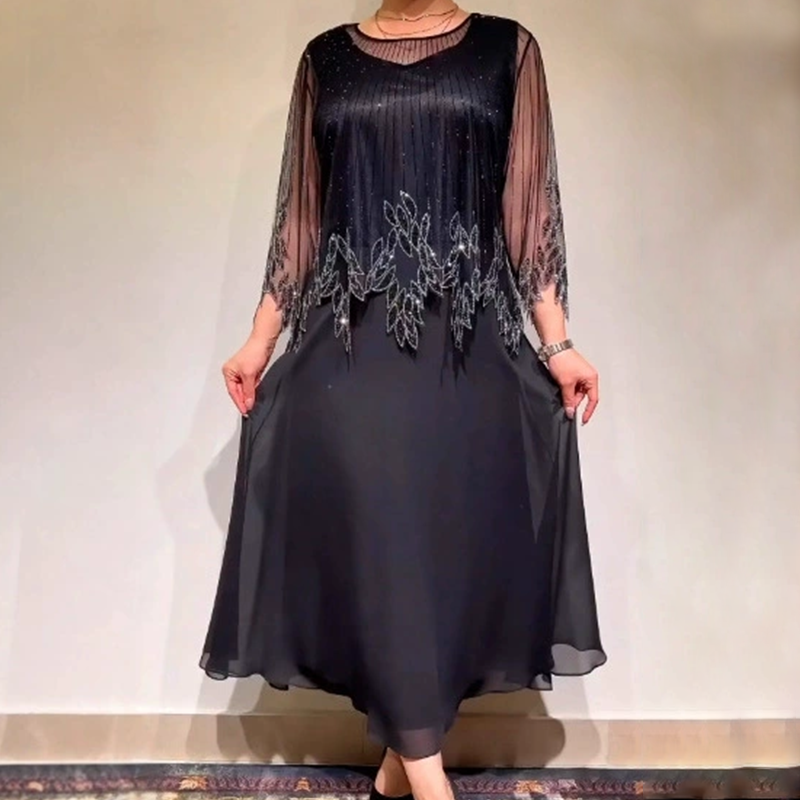 Női hálós ujjú, flitteres, hímzett, sifon maxi ruha