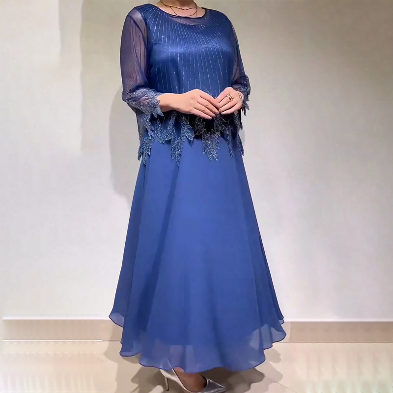 Női hálós ujjú, flitteres, hímzett, sifon maxi ruha