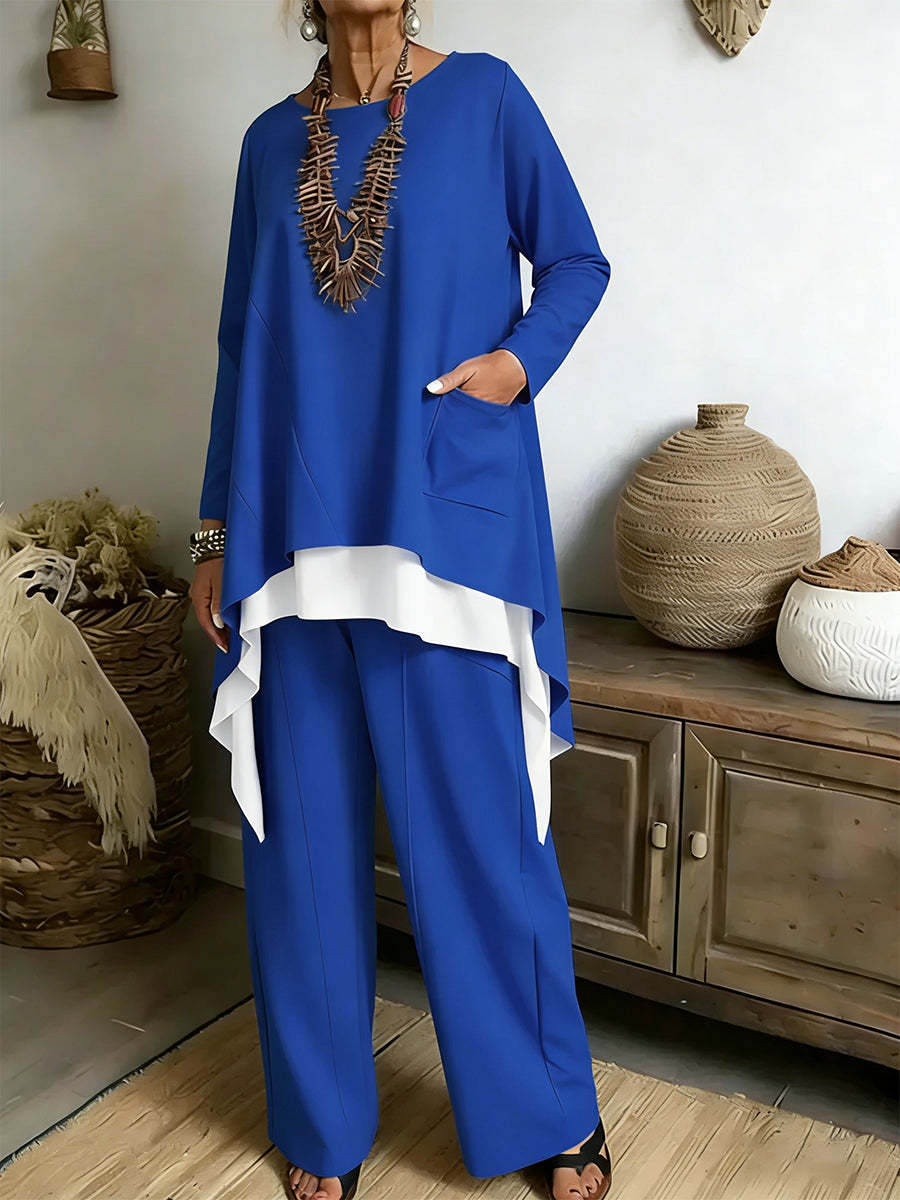 Női elegáns, szabálytalan felső + bő szárú nadrág szett