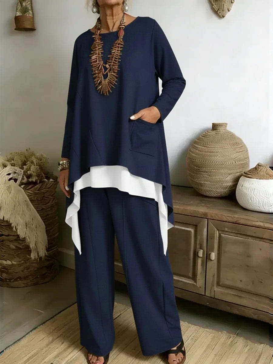 Női elegáns, szabálytalan felső + bő szárú nadrág szett