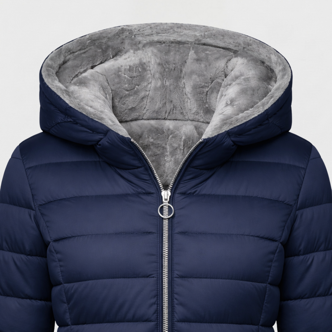 Női testhezálló, középhosszú, kapucnis kabát