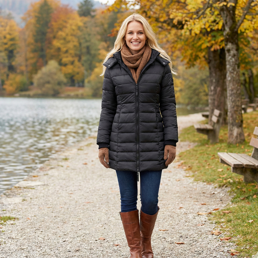 Női kapucnis, középhosszú pehelykabát