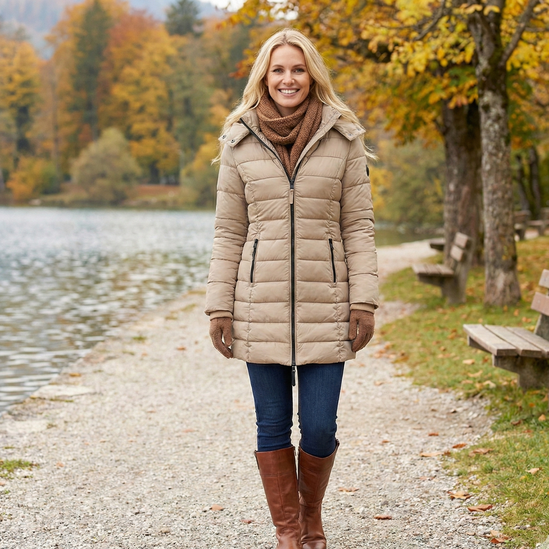 Női kapucnis, középhosszú pehelykabát