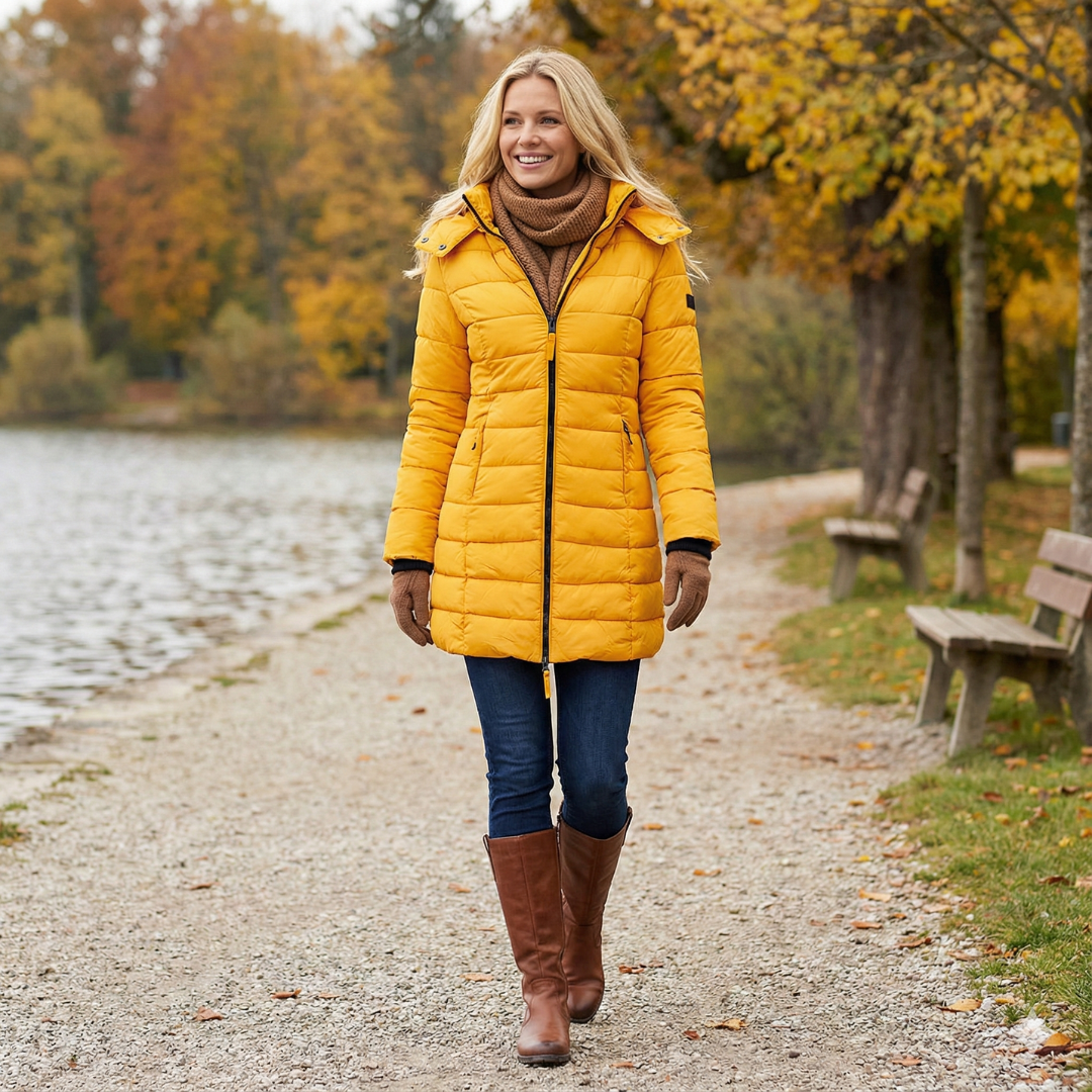 Női kapucnis, középhosszú pehelykabát