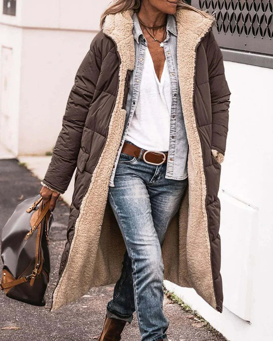 Női meleg, kapucnis, megfordítható, hosszú pamutkabát