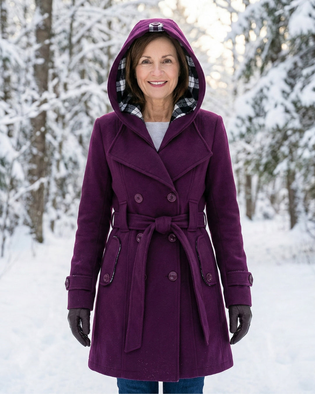 Női dupla soros, kockás, kapucnis gyapjúkabát