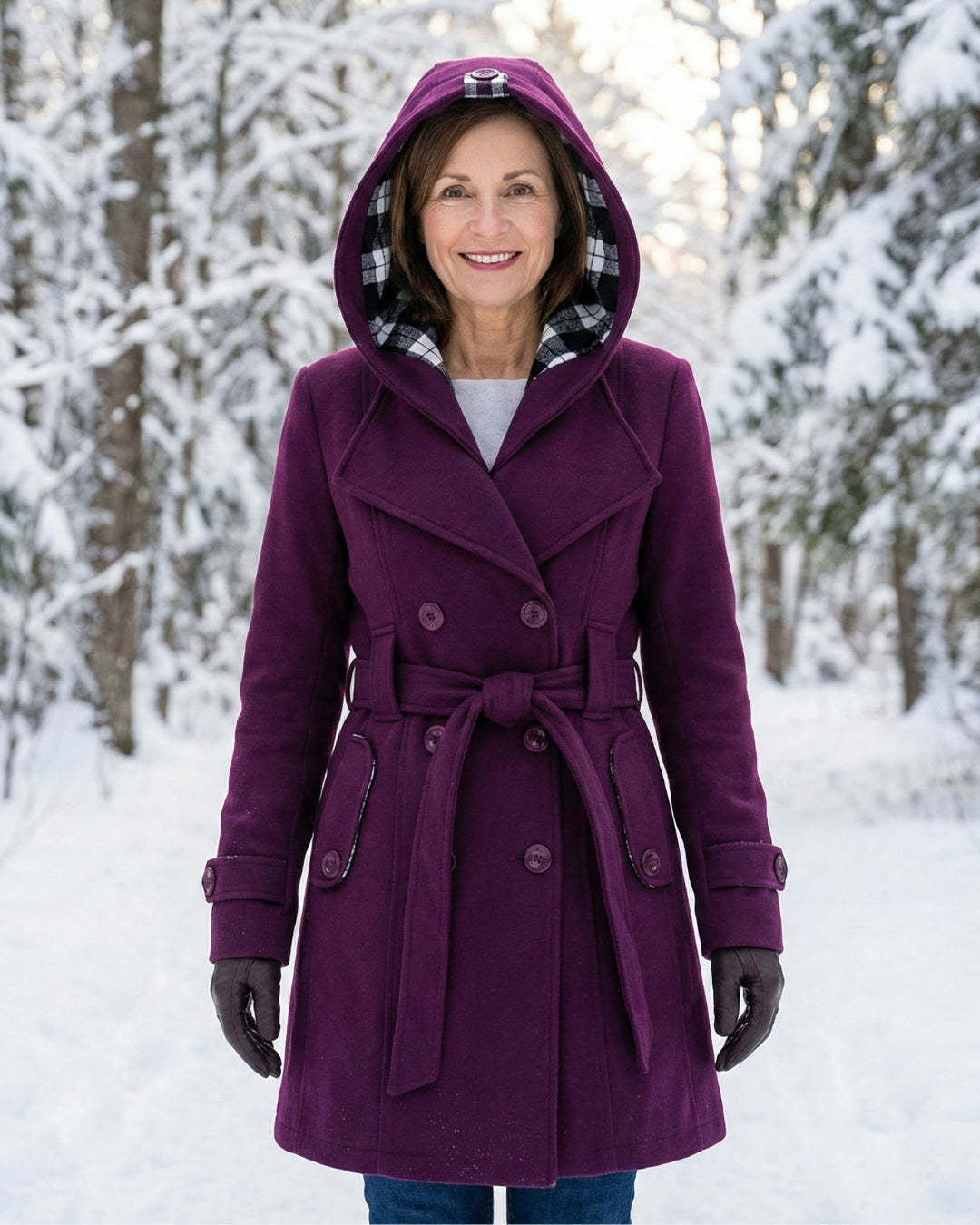 Női dupla soros, kockás, kapucnis gyapjúkabát