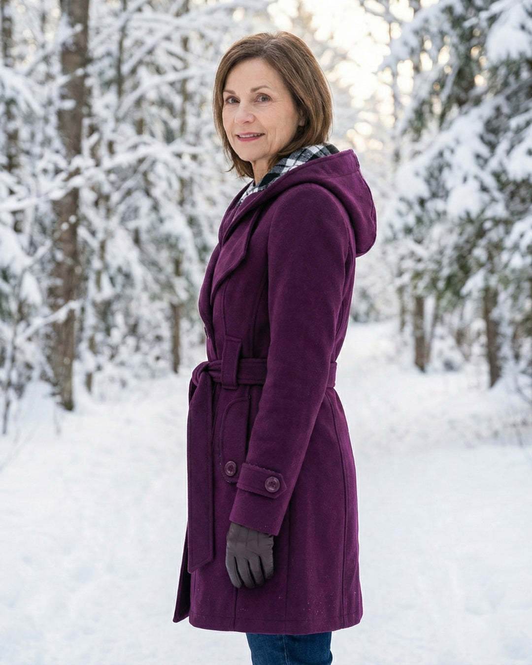 Női dupla soros, kockás, kapucnis gyapjúkabát