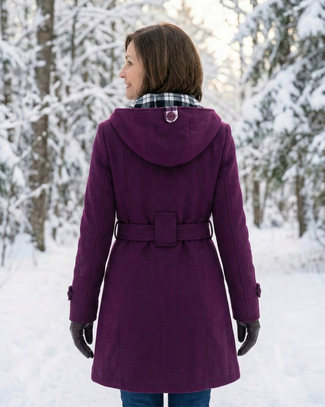 Női dupla soros, kockás, kapucnis gyapjúkabát