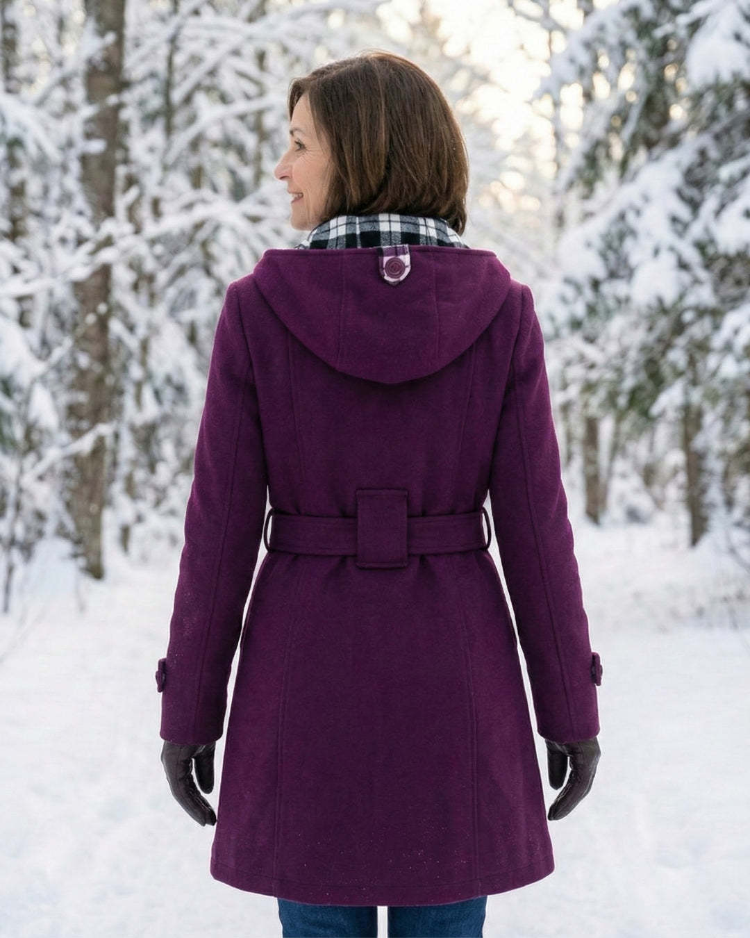 Női dupla soros, kockás, kapucnis gyapjúkabát