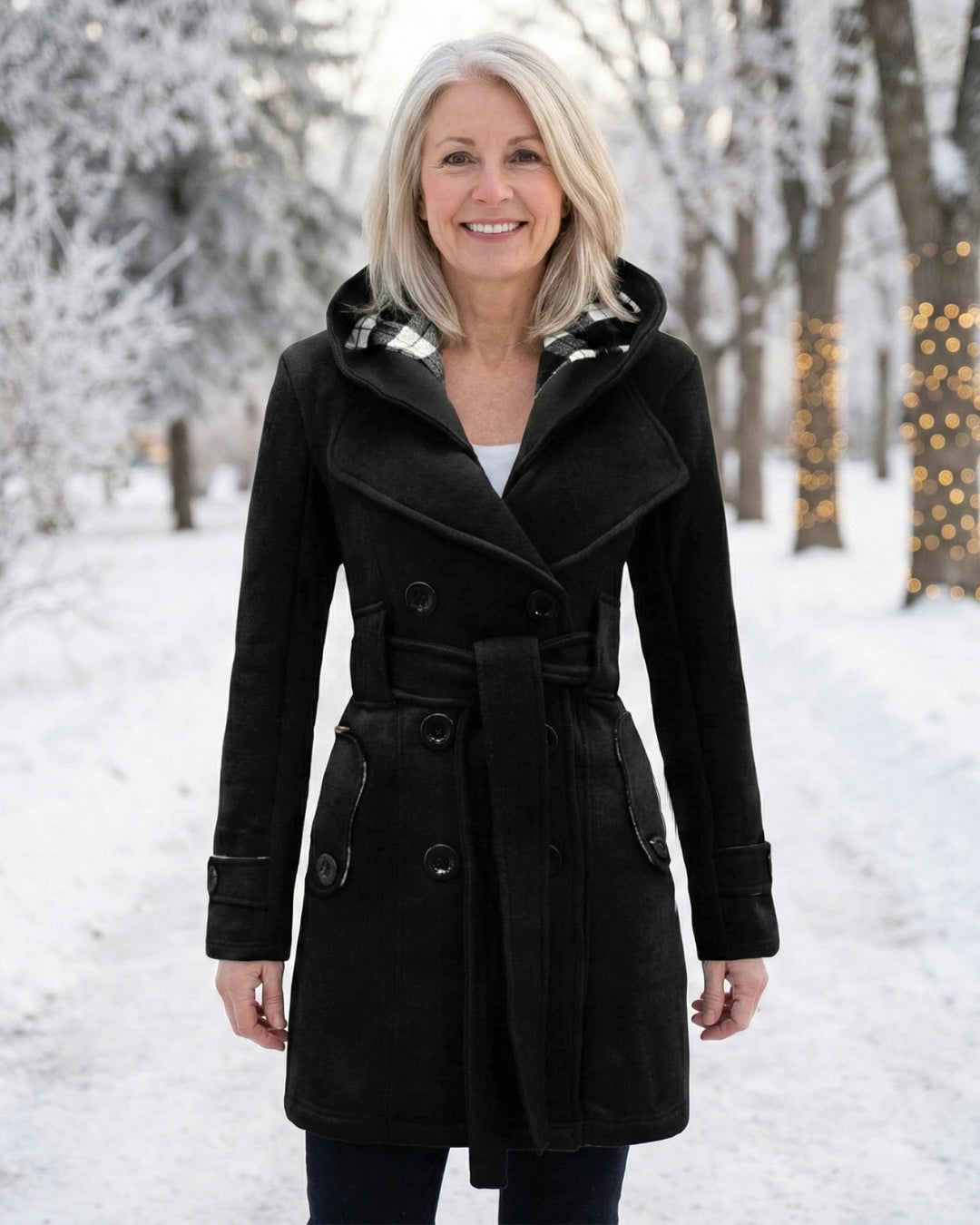 Női dupla soros, kockás, kapucnis gyapjúkabát