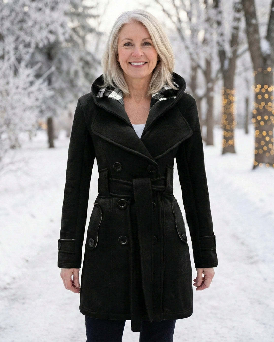 Női dupla soros, kockás, kapucnis gyapjúkabát