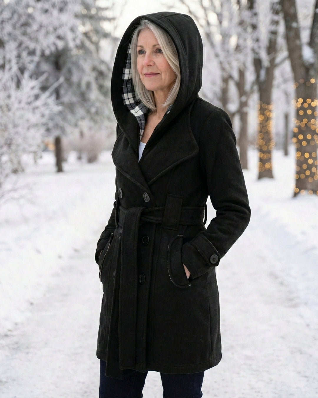 Női dupla soros, kockás, kapucnis gyapjúkabát