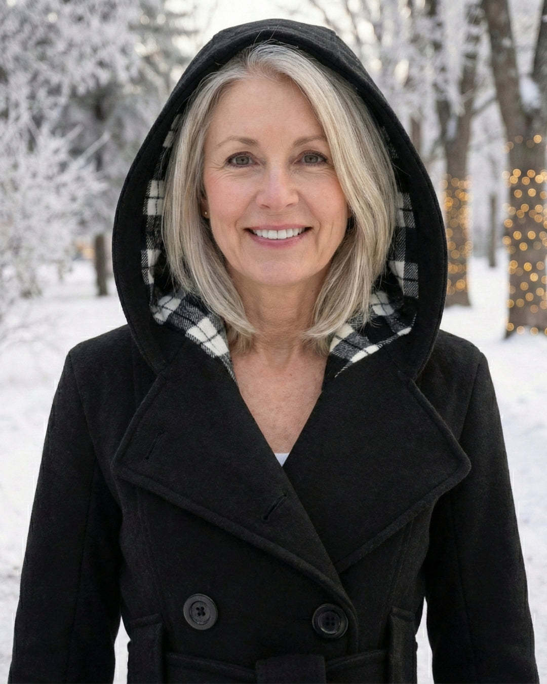 Női dupla soros, kockás, kapucnis gyapjúkabát