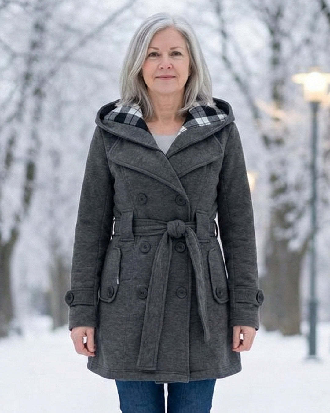 Női dupla soros, kockás, kapucnis gyapjúkabát