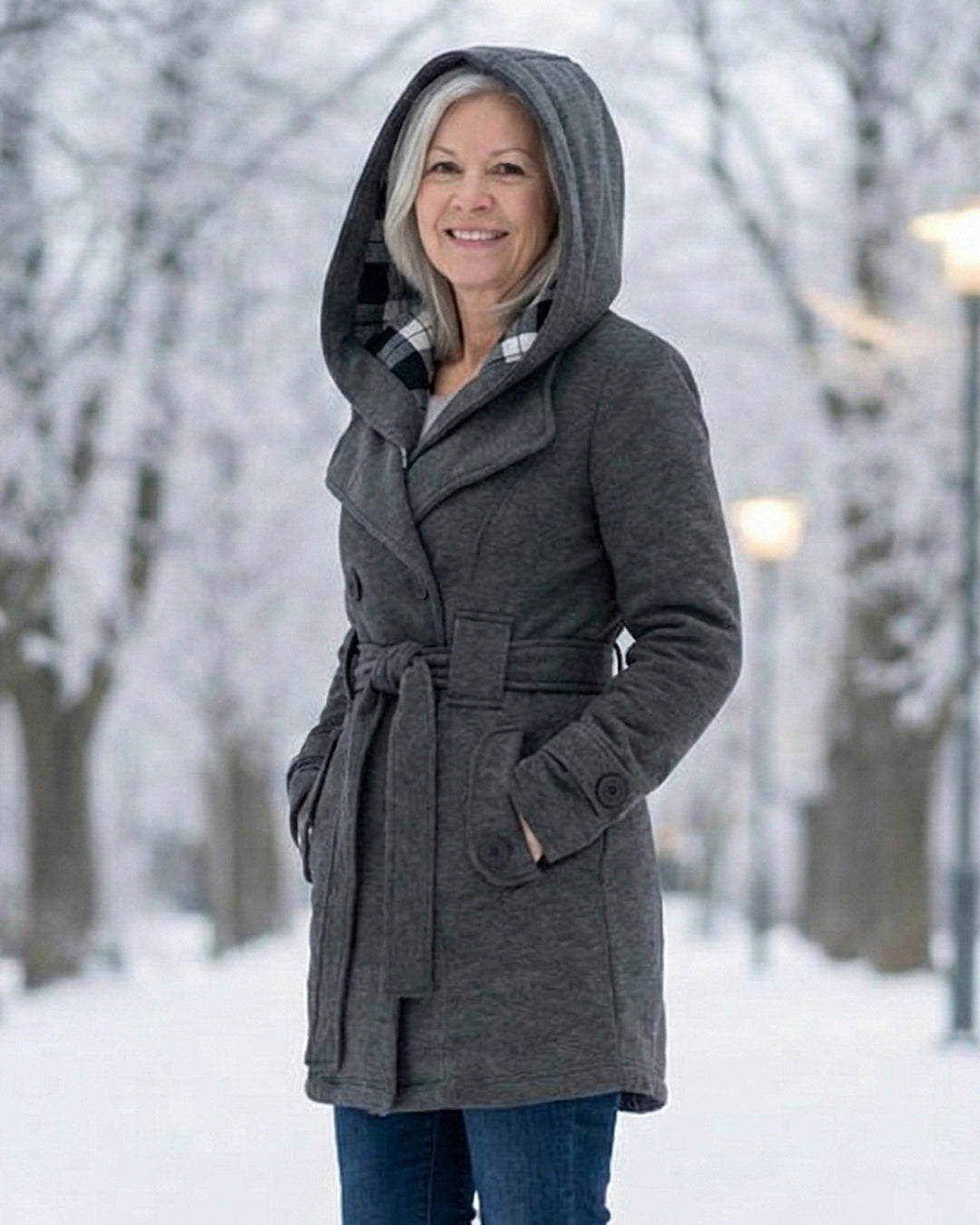 Női dupla soros, kockás, kapucnis gyapjúkabát