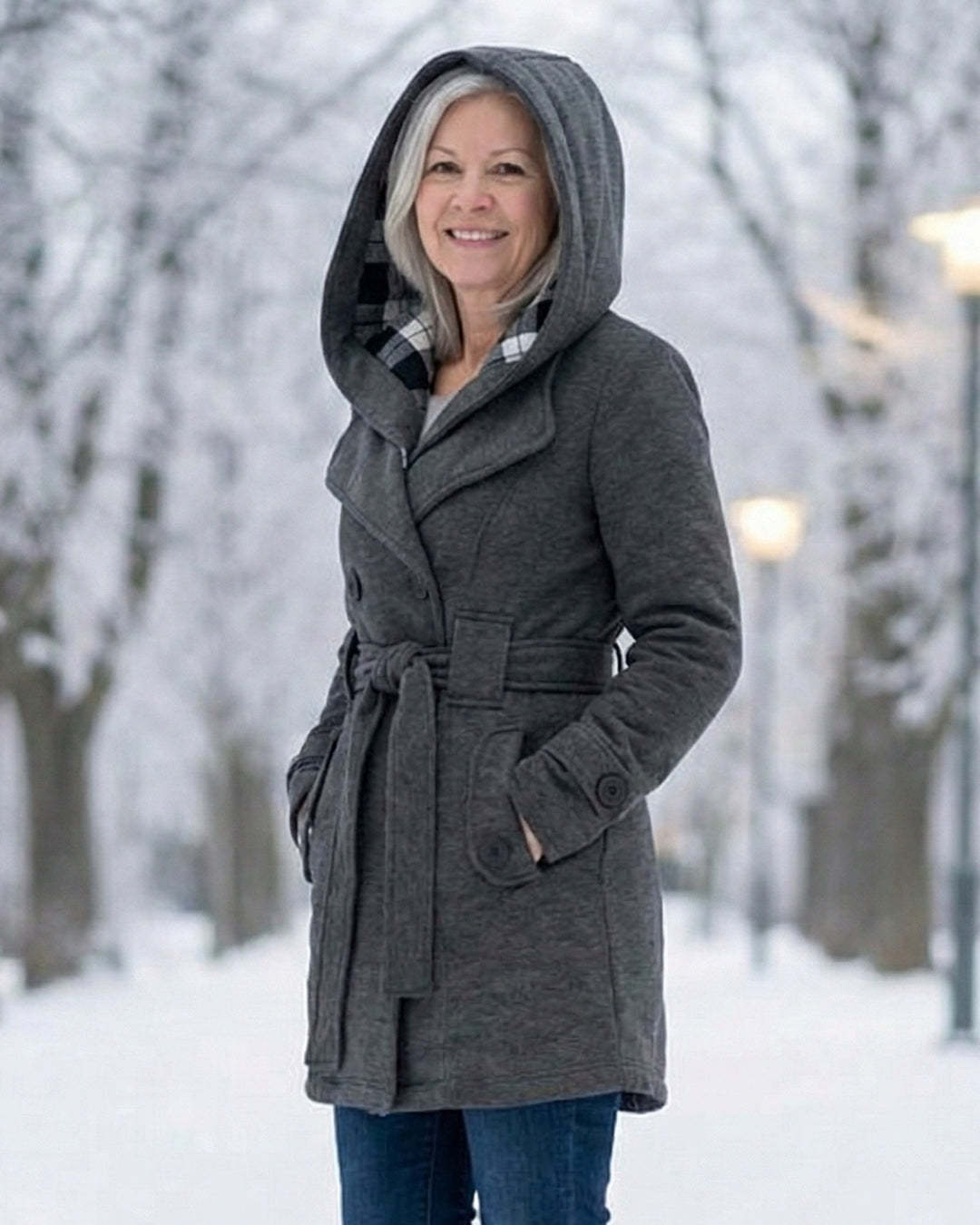 Női dupla soros, kockás, kapucnis gyapjúkabát