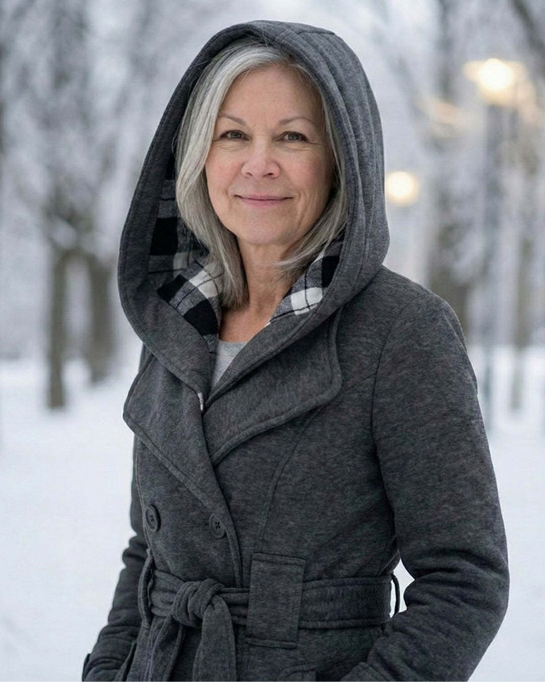 Női dupla soros, kockás, kapucnis gyapjúkabát