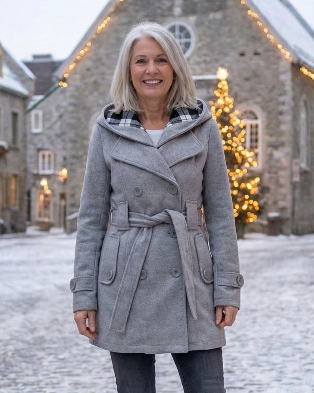 Női dupla soros, kockás, kapucnis gyapjúkabát