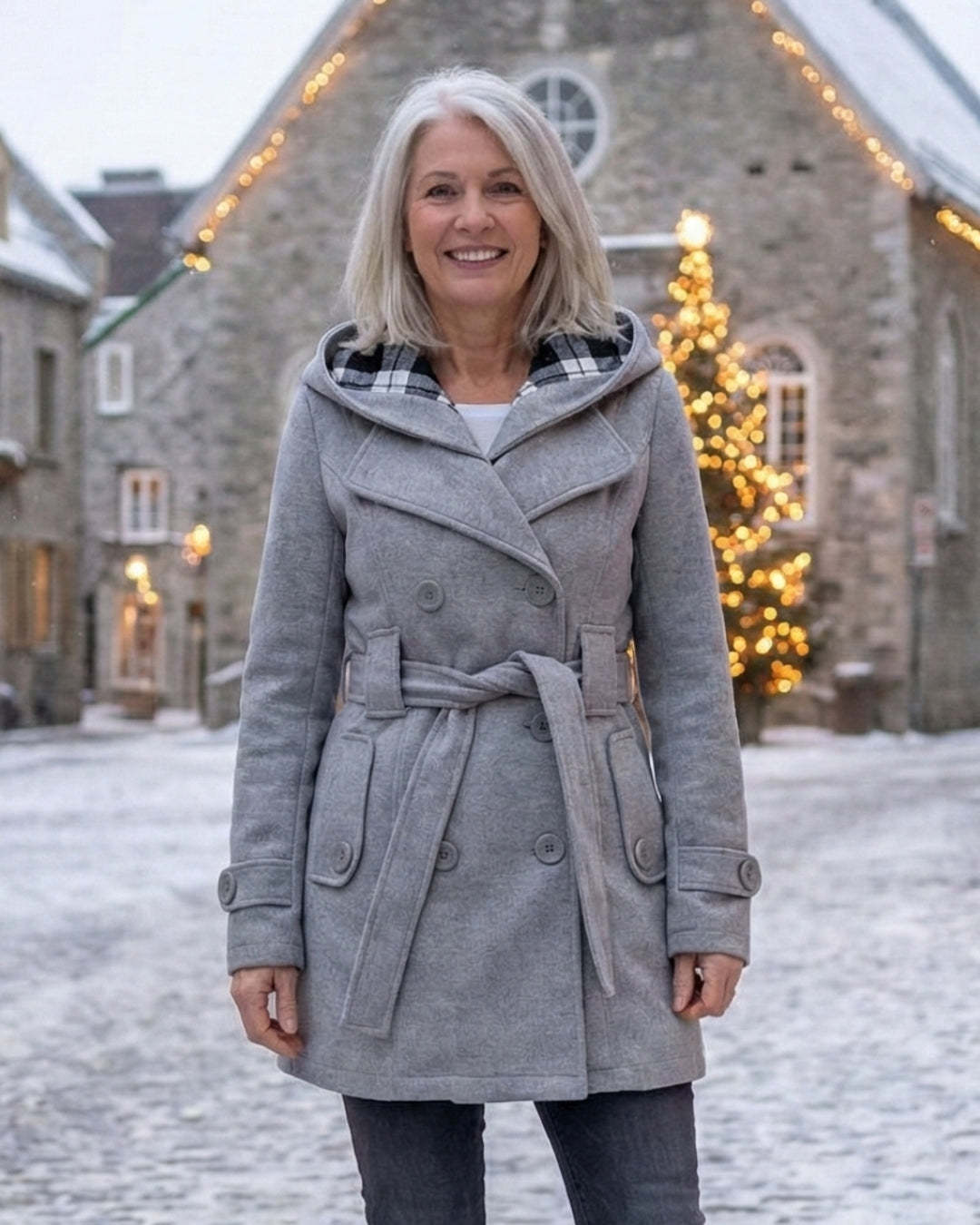 Női dupla soros, kockás, kapucnis gyapjúkabát