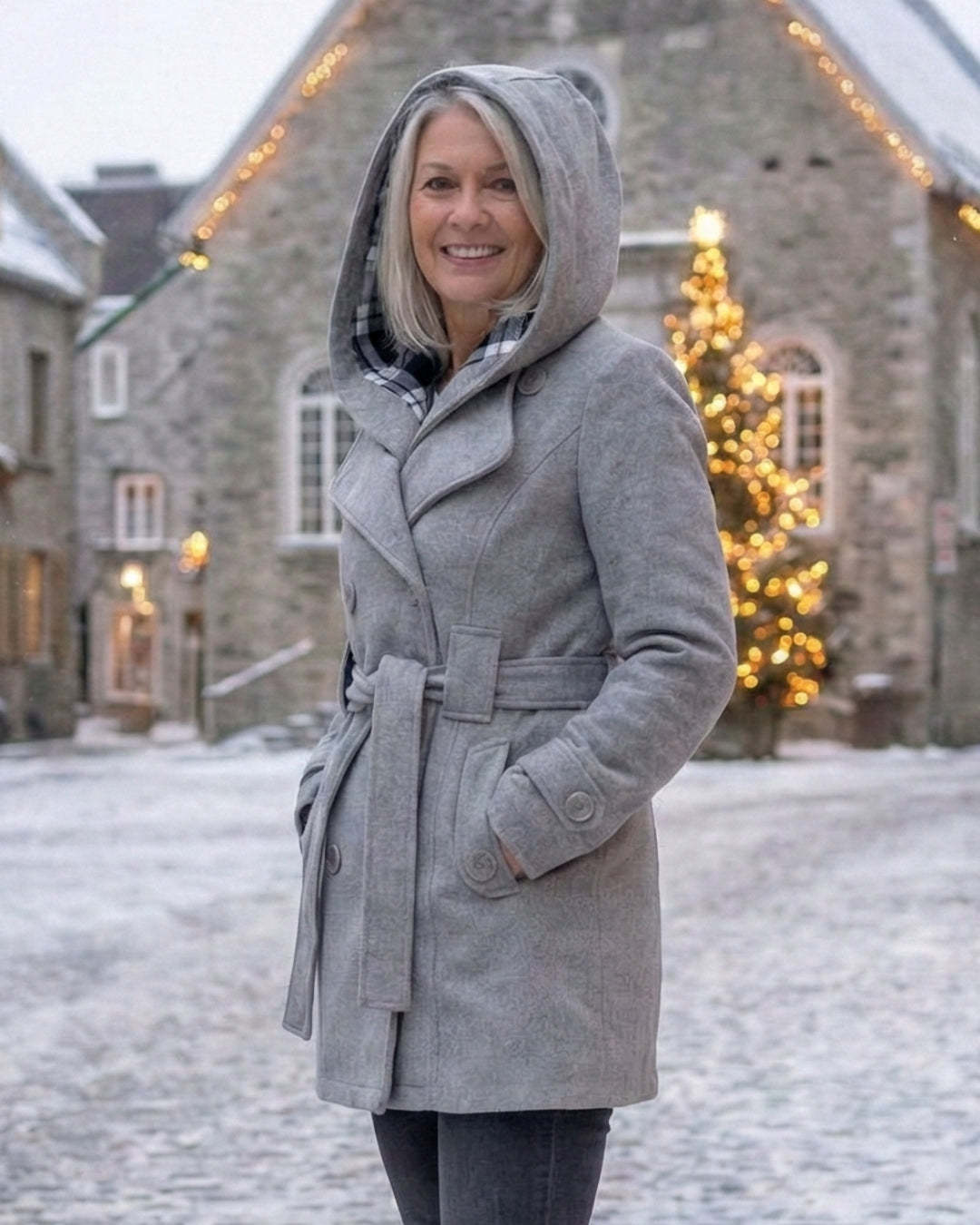 Női dupla soros, kockás, kapucnis gyapjúkabát