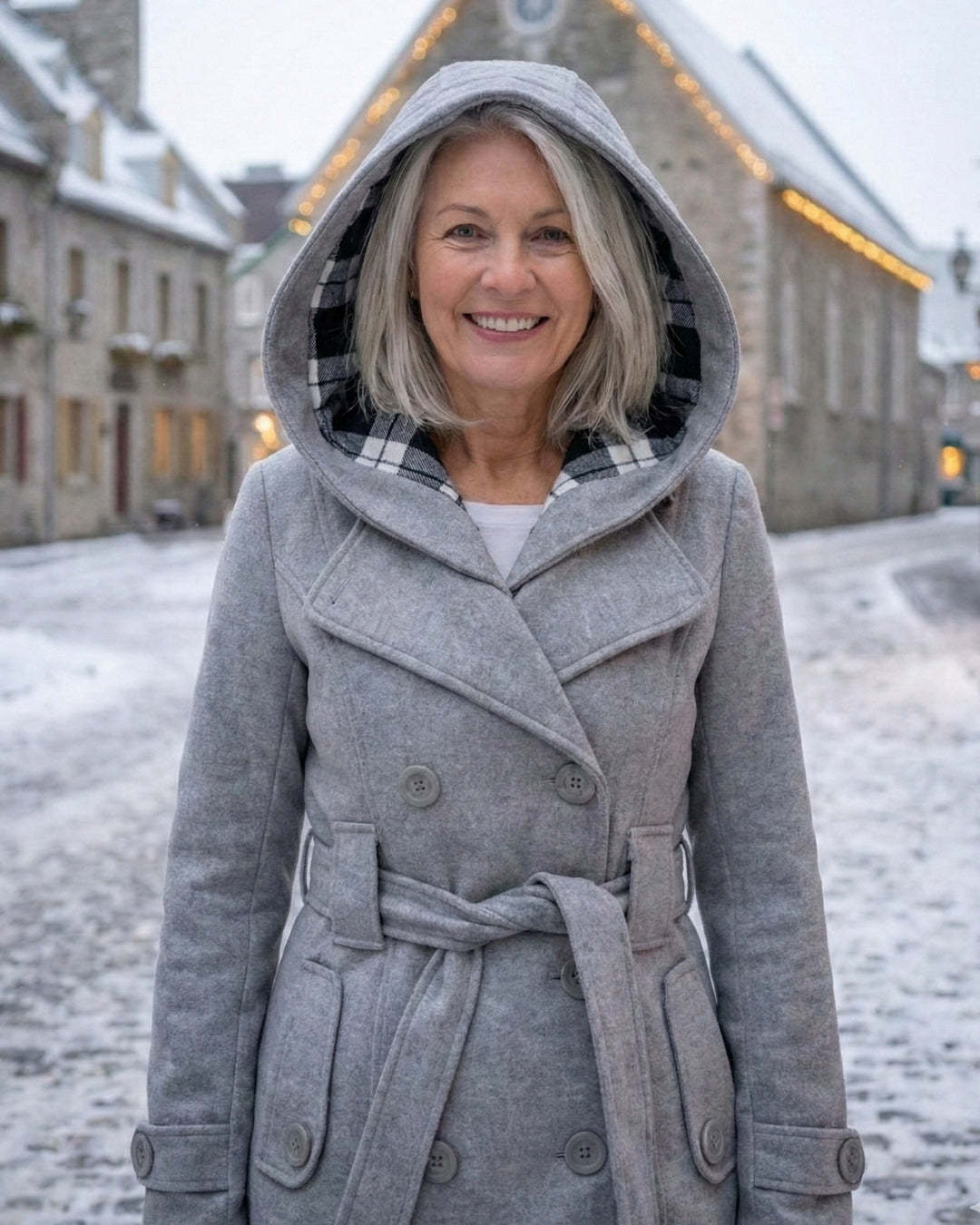 Női dupla soros, kockás, kapucnis gyapjúkabát