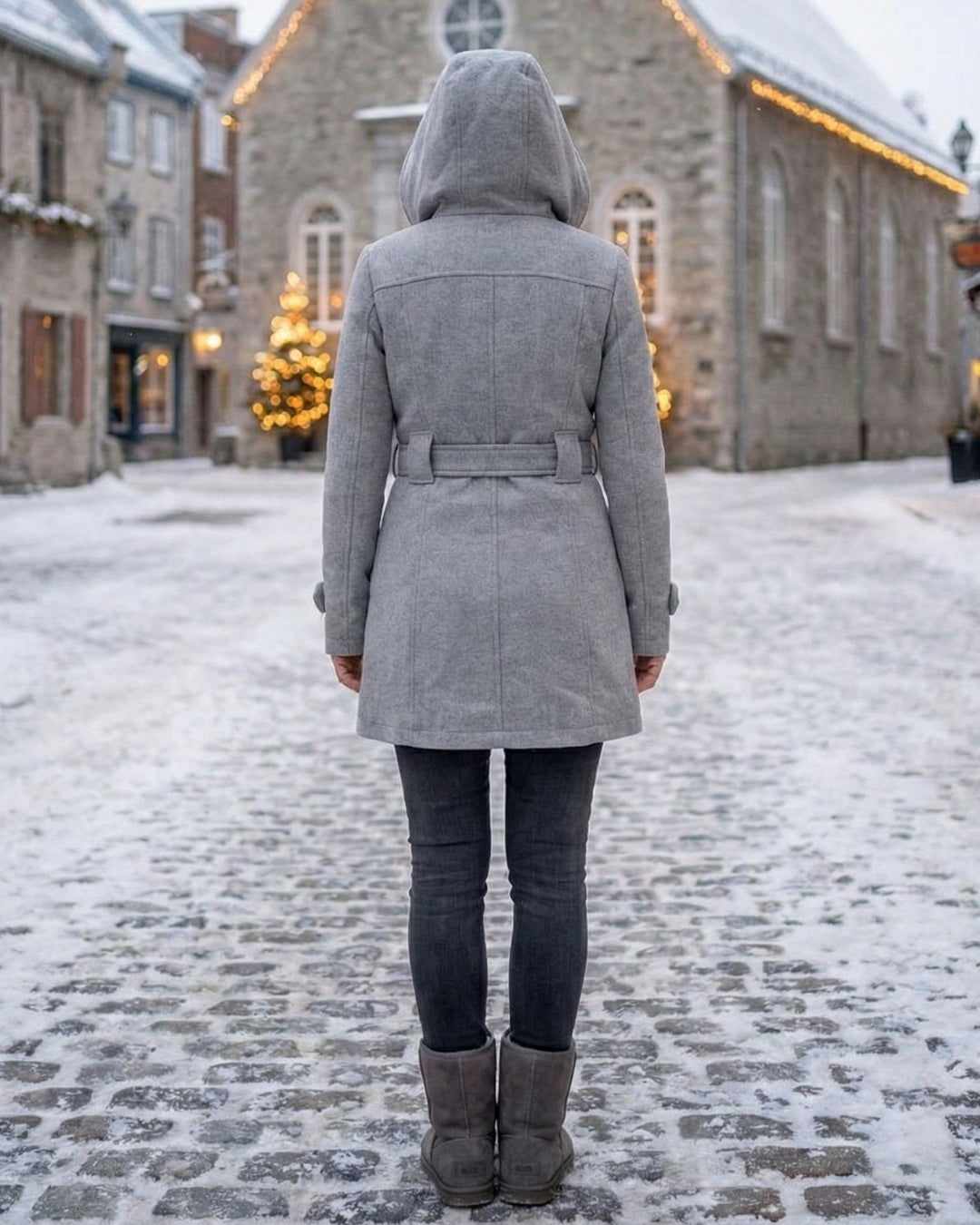 Női dupla soros, kockás, kapucnis gyapjúkabát