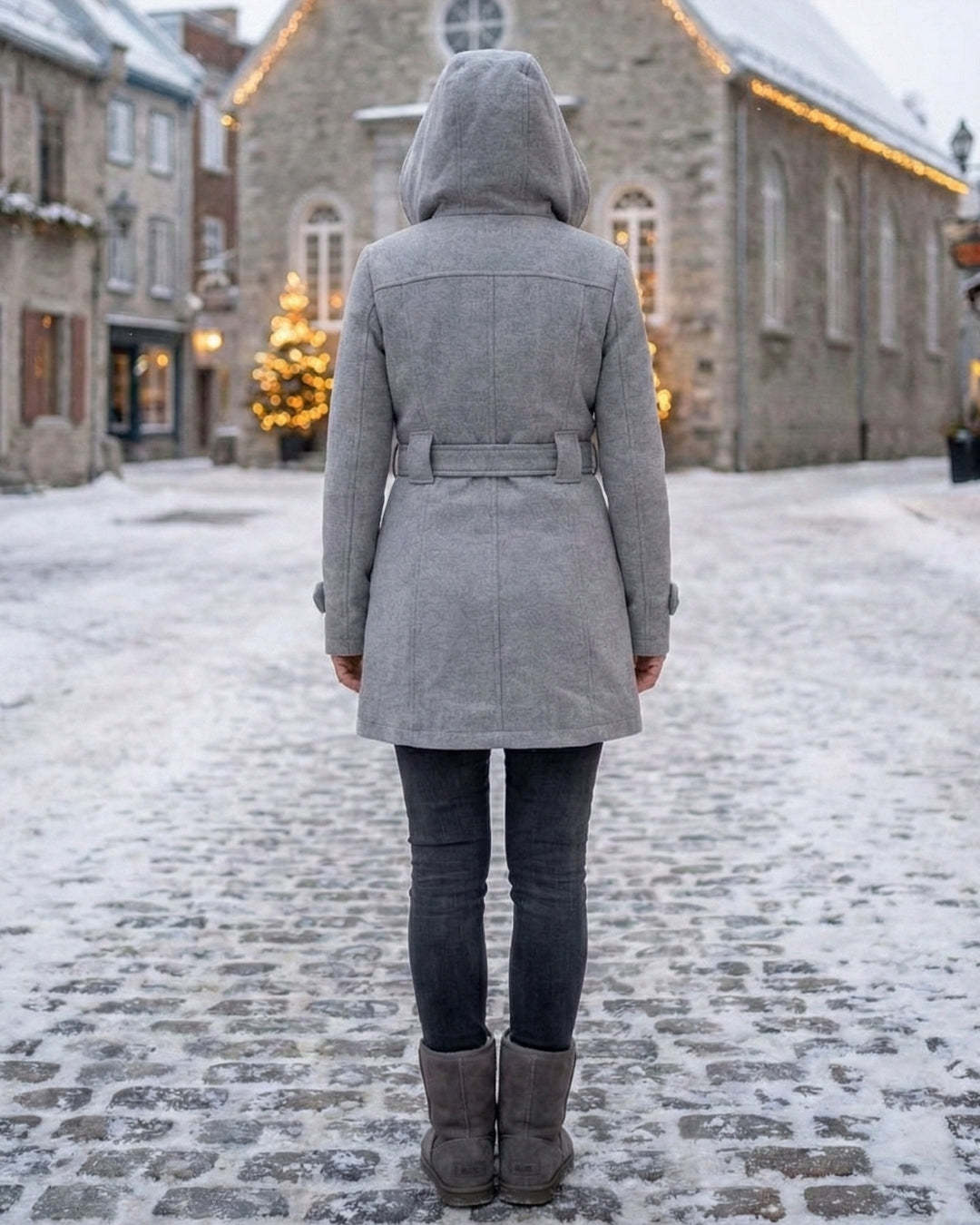 Női dupla soros, kockás, kapucnis gyapjúkabát