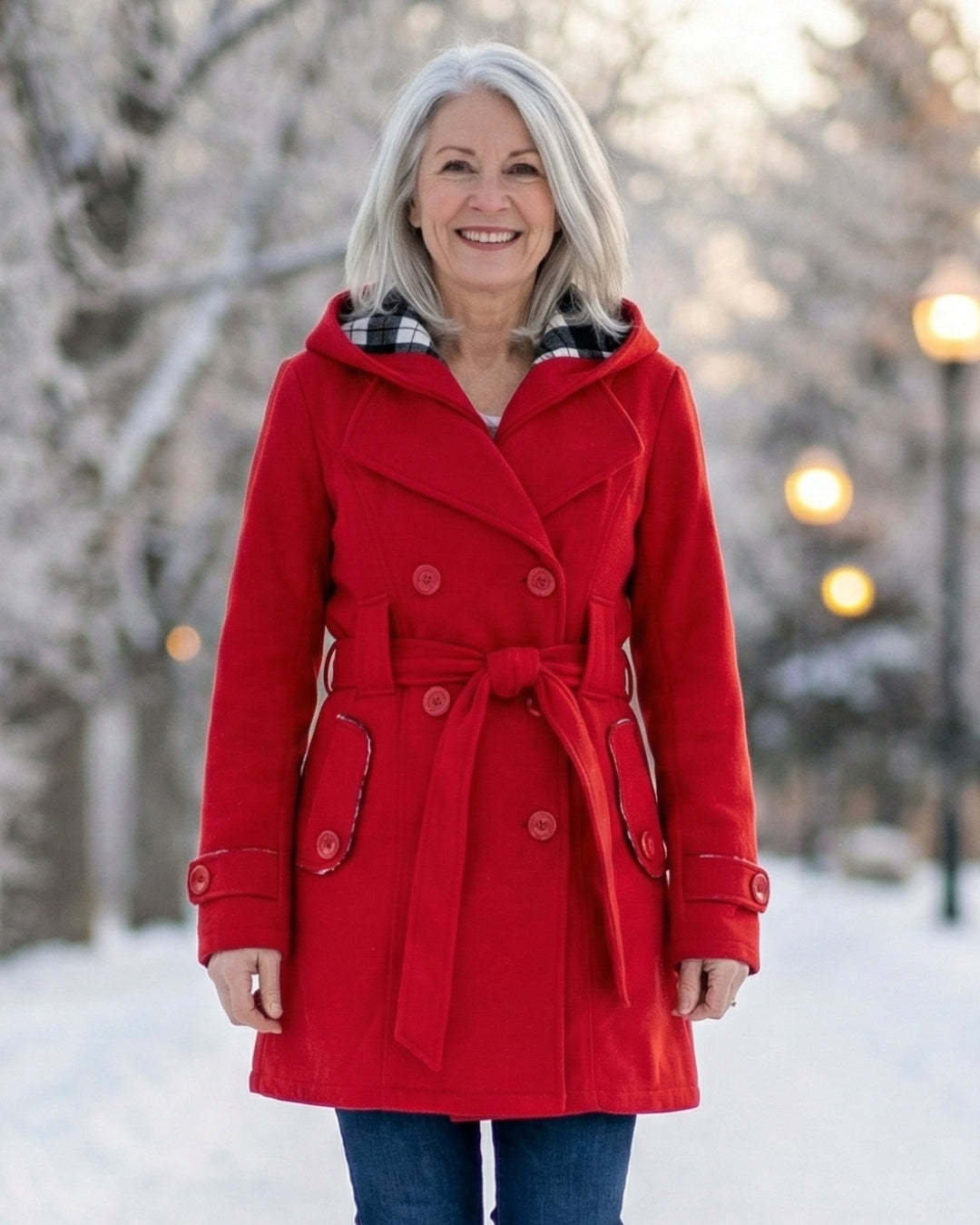 Női dupla soros, kockás, kapucnis gyapjúkabát