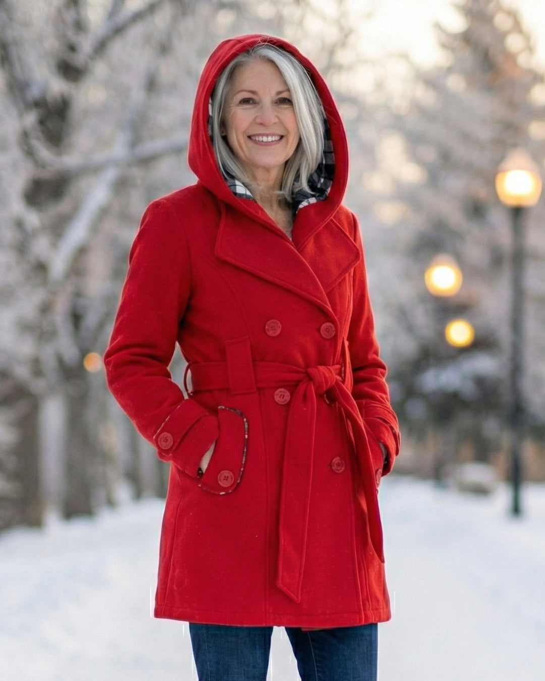 Női dupla soros, kockás, kapucnis gyapjúkabát