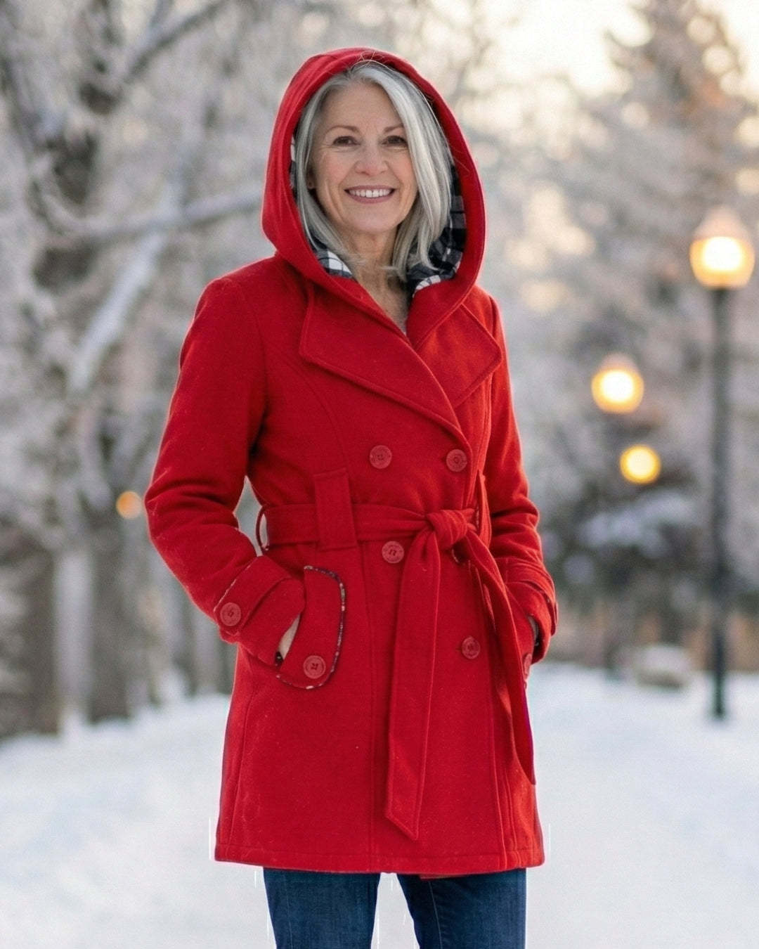 Női dupla soros, kockás, kapucnis gyapjúkabát