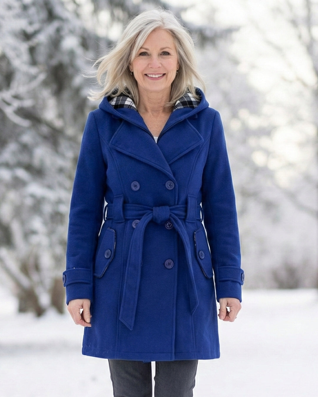 Női dupla soros, kockás, kapucnis gyapjúkabát