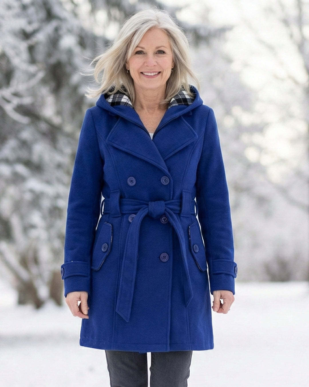 Női dupla soros, kockás, kapucnis gyapjúkabát