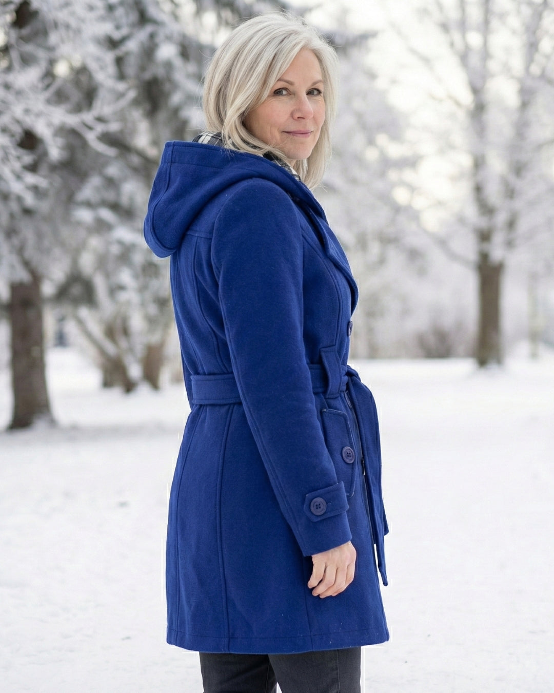 Női dupla soros, kockás, kapucnis gyapjúkabát