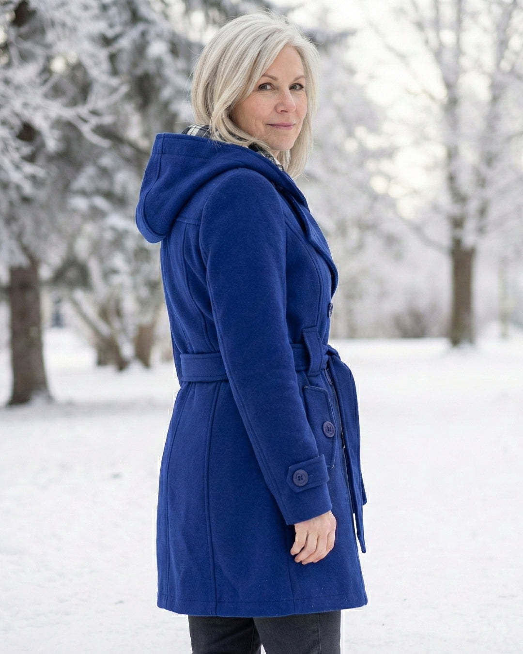 Női dupla soros, kockás, kapucnis gyapjúkabát