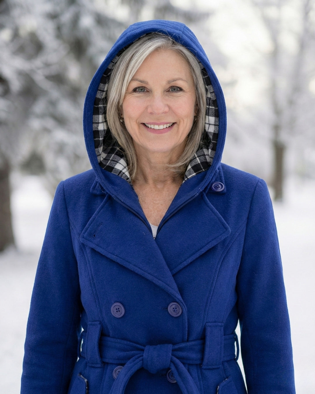 Női dupla soros, kockás, kapucnis gyapjúkabát