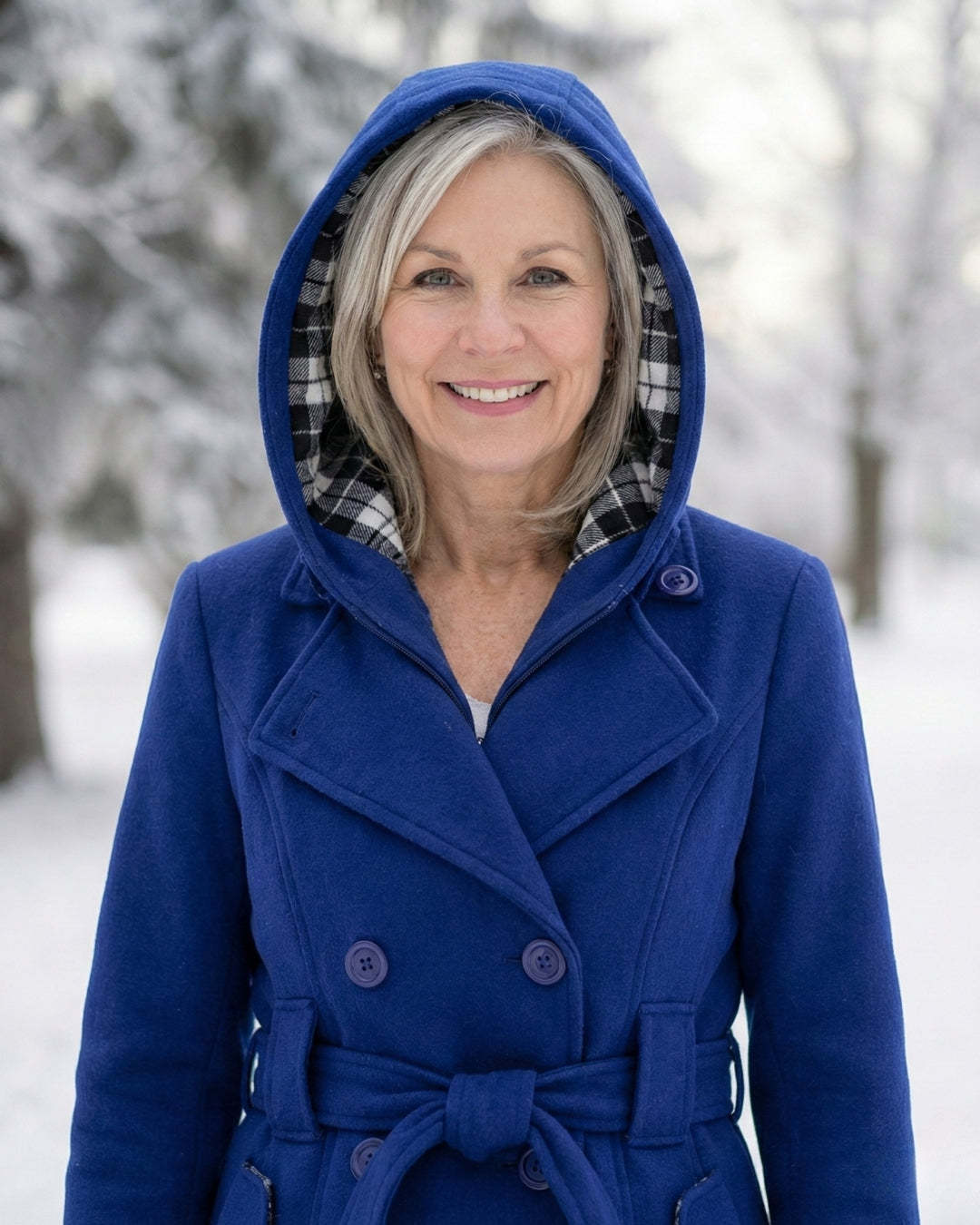 Női dupla soros, kockás, kapucnis gyapjúkabát