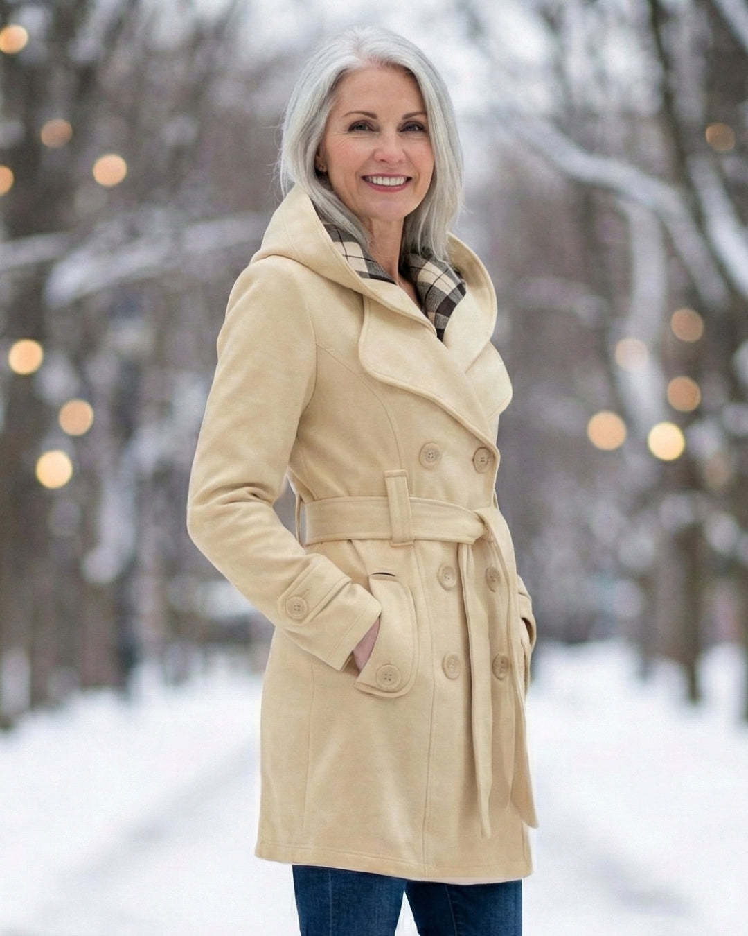 Női dupla soros, kockás, kapucnis gyapjúkabát