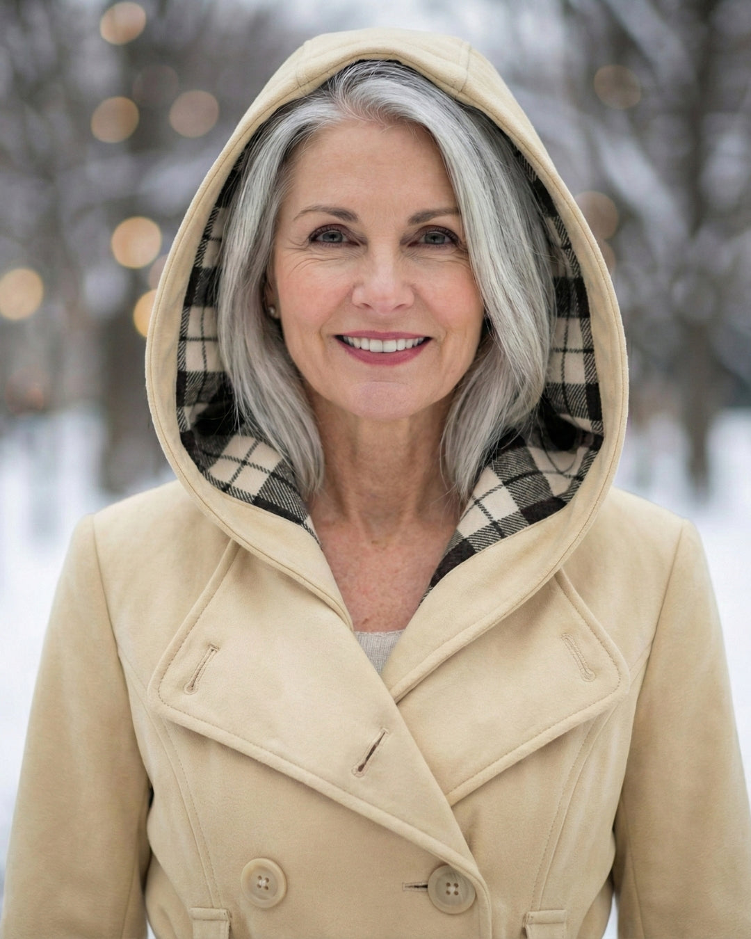 Női dupla soros, kockás, kapucnis gyapjúkabát