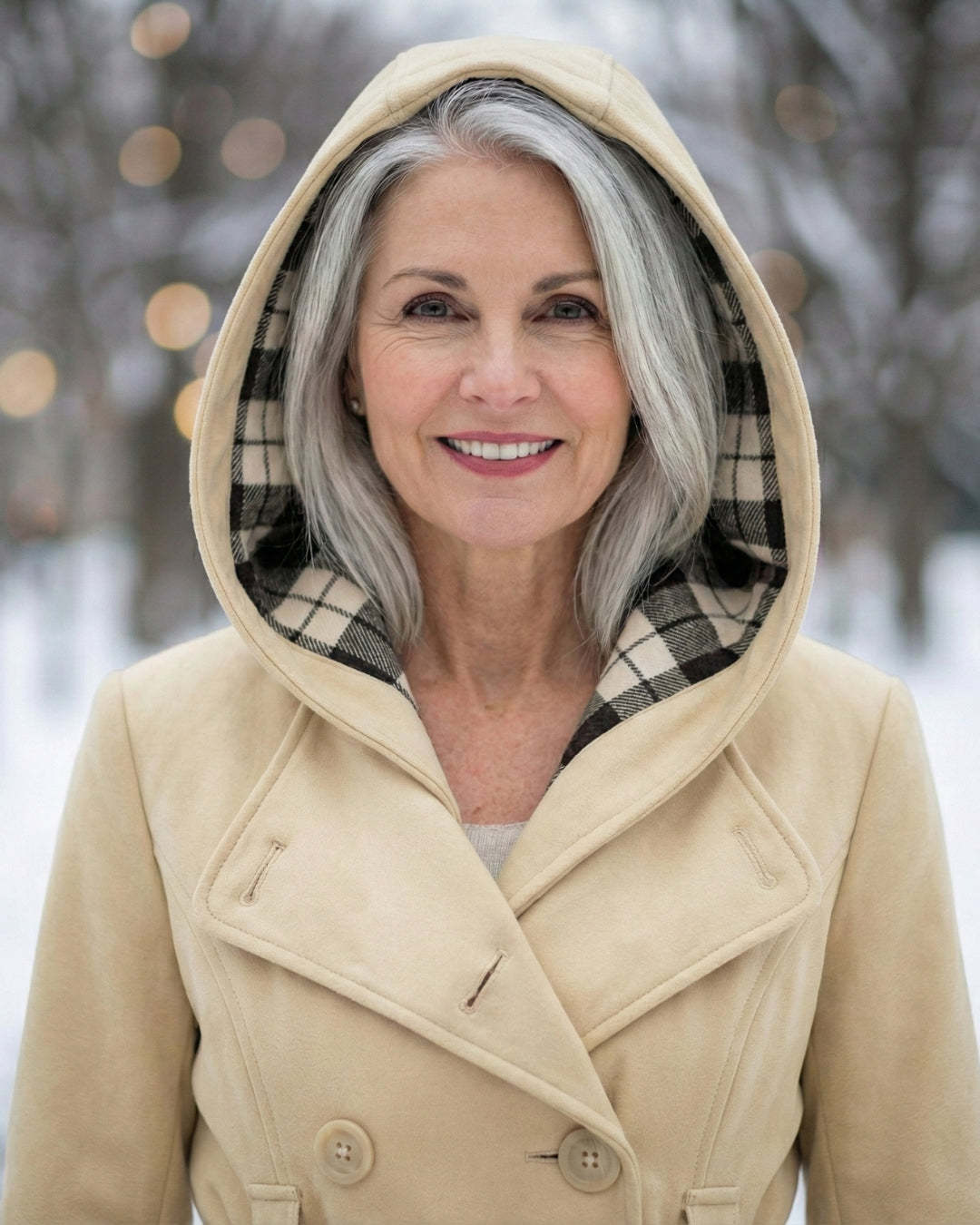 Női dupla soros, kockás, kapucnis gyapjúkabát