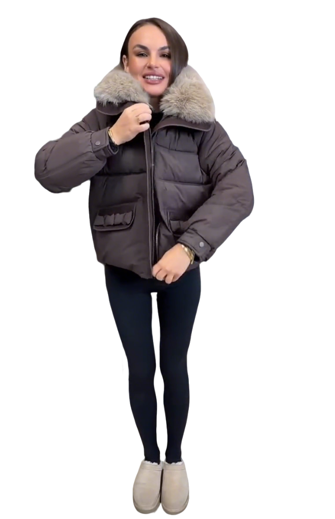 Női divatos pehelykabát szőrmegallérral