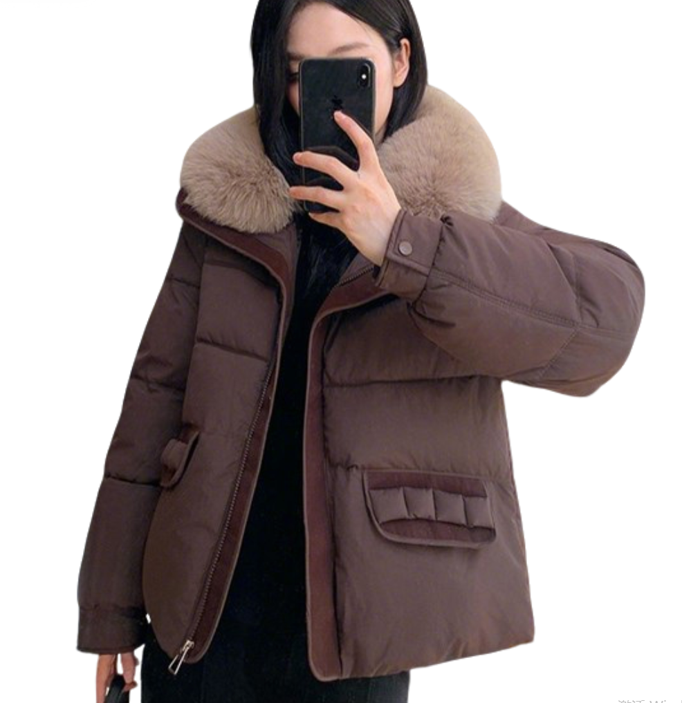 Női divatos pehelykabát szőrmegallérral