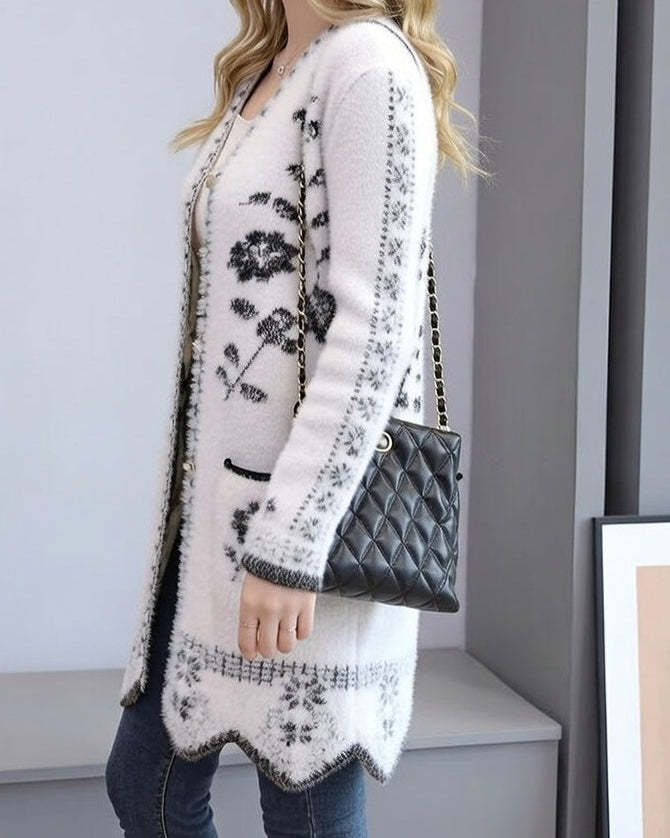 Női vintage gyapjú virágmintás kardigán